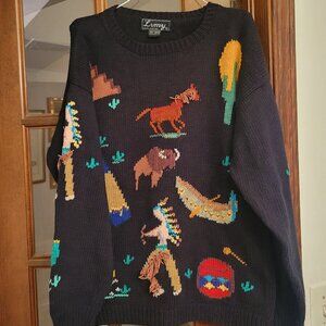 90s Vintage Lumy Peru buffalo horse novelty‎ hand knit black sweater Xlarge